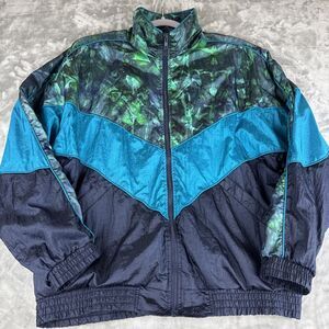 Vintage Lavon Windbreak Jacket Women's L Blue Green Padded Shoulders 90's (1103)